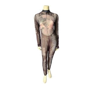 NWT Sexy Money Mesh Body Jumpsuit Dollar Mugler Style XL Club Wear 10 12